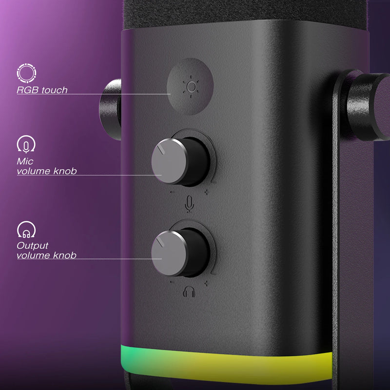 Microfone dinâmico condensador USB-C / XLR, com controle de volume e mute