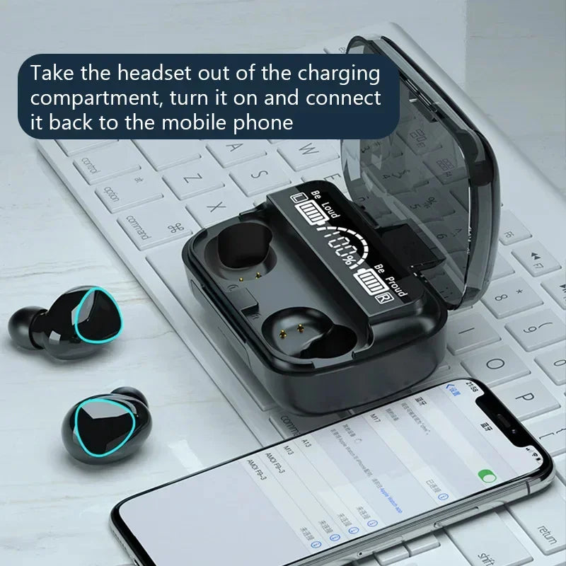 Fones de ouvido Bluetooth M10 com microfone, caixa carregadora de fone de ouvido, fones de ouvido sem fio, tela de exibição LED