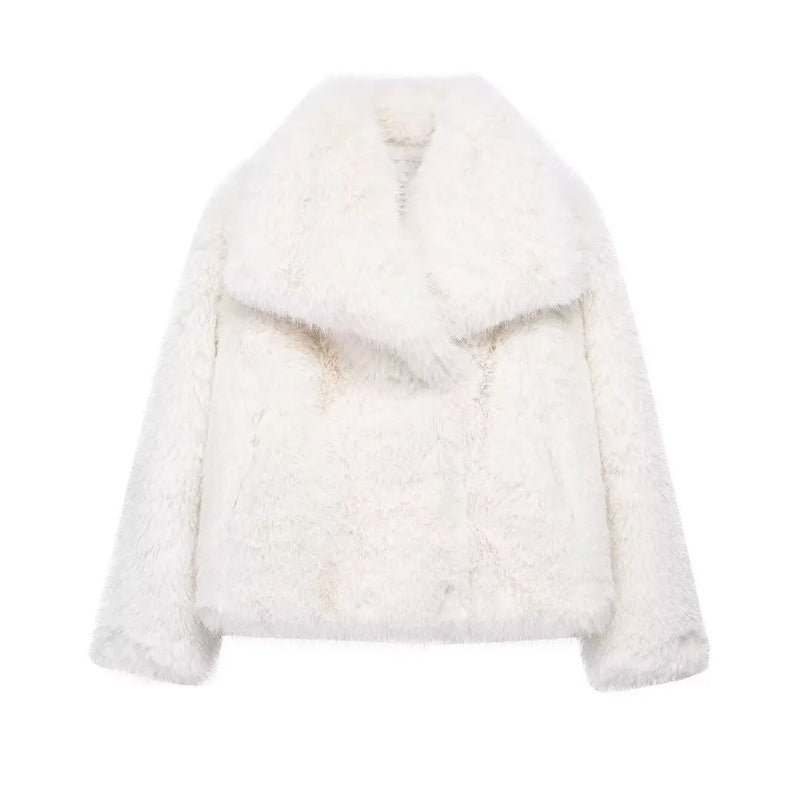 TRAFZA Jaqueta Feminina Cropped de Pele Sintética, Casaco de Manga Comprida com Botões de Pressão Frontais, Roupa Exterior Feminina Elegante com Gola Lapela e Casaco Grosso