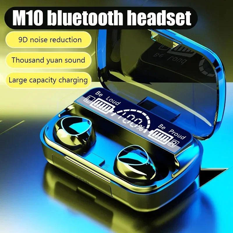 Fones de ouvido Bluetooth M10 com microfone, caixa carregadora de fone de ouvido, fones de ouvido sem fio, tela de exibição LED