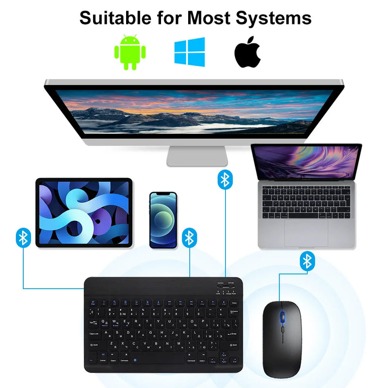 Teclado e Mouse Bluetooth Sem Fio para IOS, Android, Windows Tablet, iPad Air, Mini, Pro