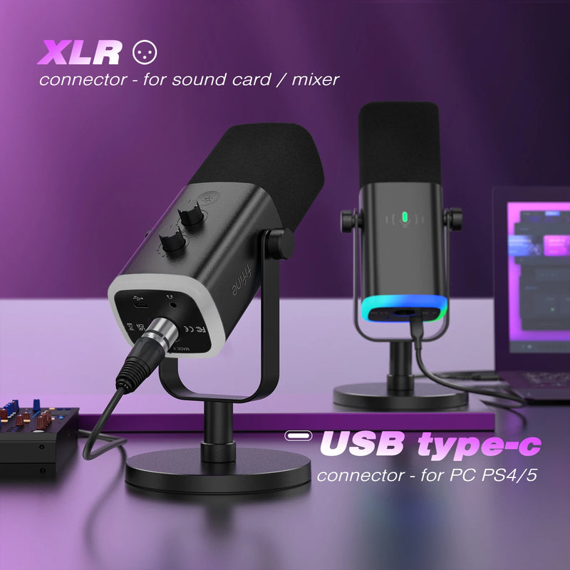 Microfone dinâmico condensador USB-C / XLR, com controle de volume e mute