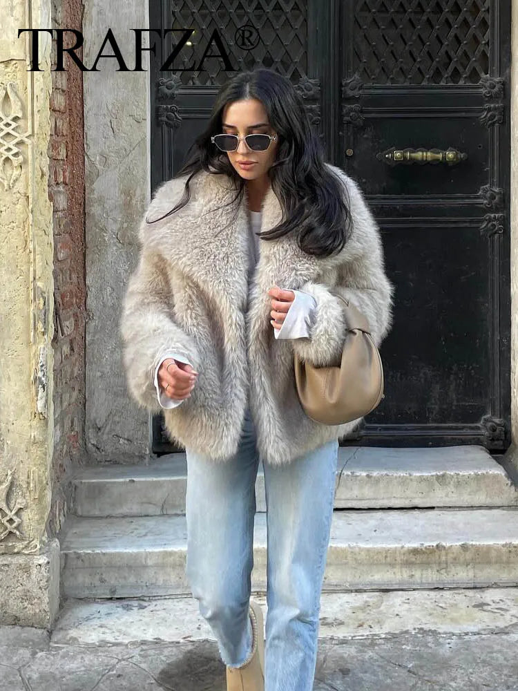 TRAFZA Jaqueta Feminina Cropped de Pele Sintética, Casaco de Manga Comprida com Botões de Pressão Frontais, Roupa Exterior Feminina Elegante com Gola Lapela e Casaco Grosso