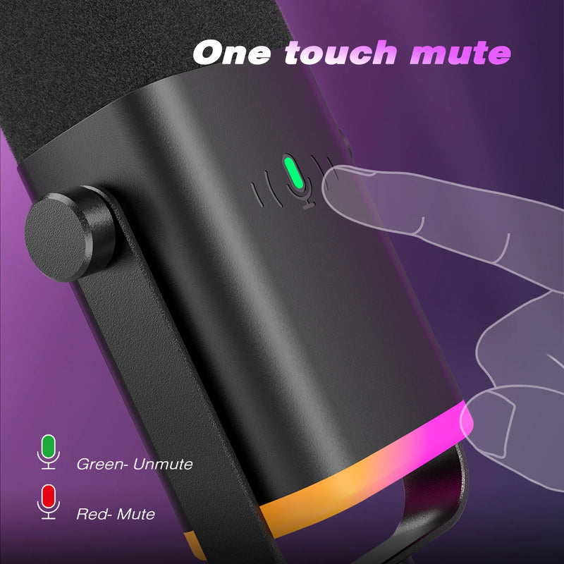Microfone dinâmico condensador USB-C / XLR, com controle de volume e mute