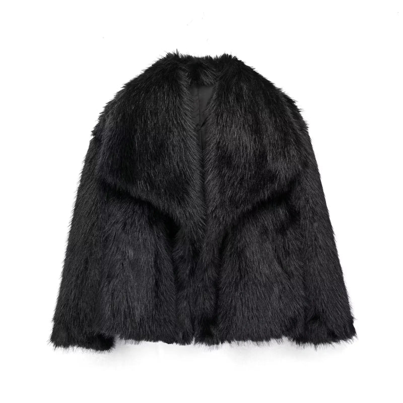 TRAFZA Jaqueta Feminina Cropped de Pele Sintética, Casaco de Manga Comprida com Botões de Pressão Frontais, Roupa Exterior Feminina Elegante com Gola Lapela e Casaco Grosso