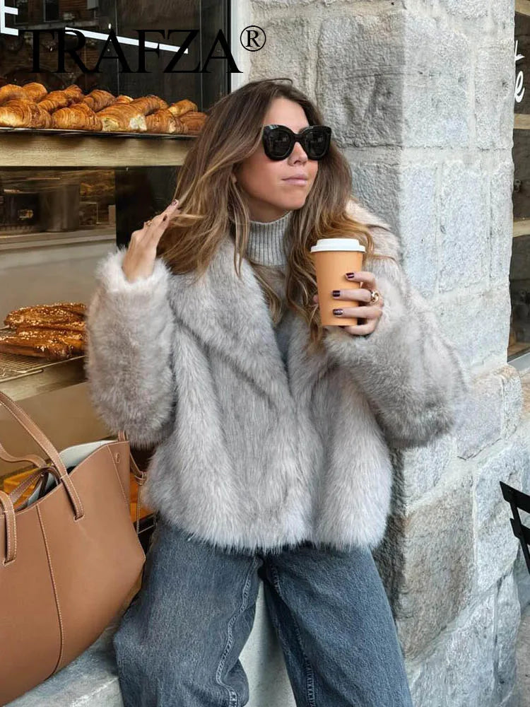 TRAFZA Jaqueta Feminina Cropped de Pele Sintética, Casaco de Manga Comprida com Botões de Pressão Frontais, Roupa Exterior Feminina Elegante com Gola Lapela e Casaco Grosso