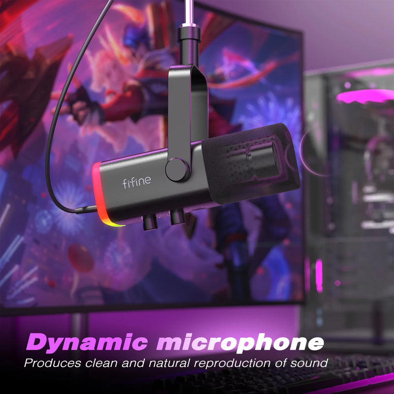 Microfone dinâmico condensador USB-C / XLR, com controle de volume e mute